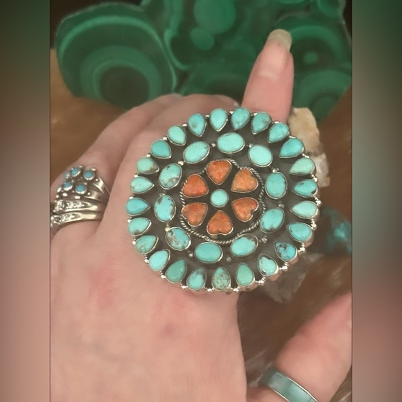 Turquoise spiny oyster statement huge southwestern, Sterling silver ring - Picture 4 of 10